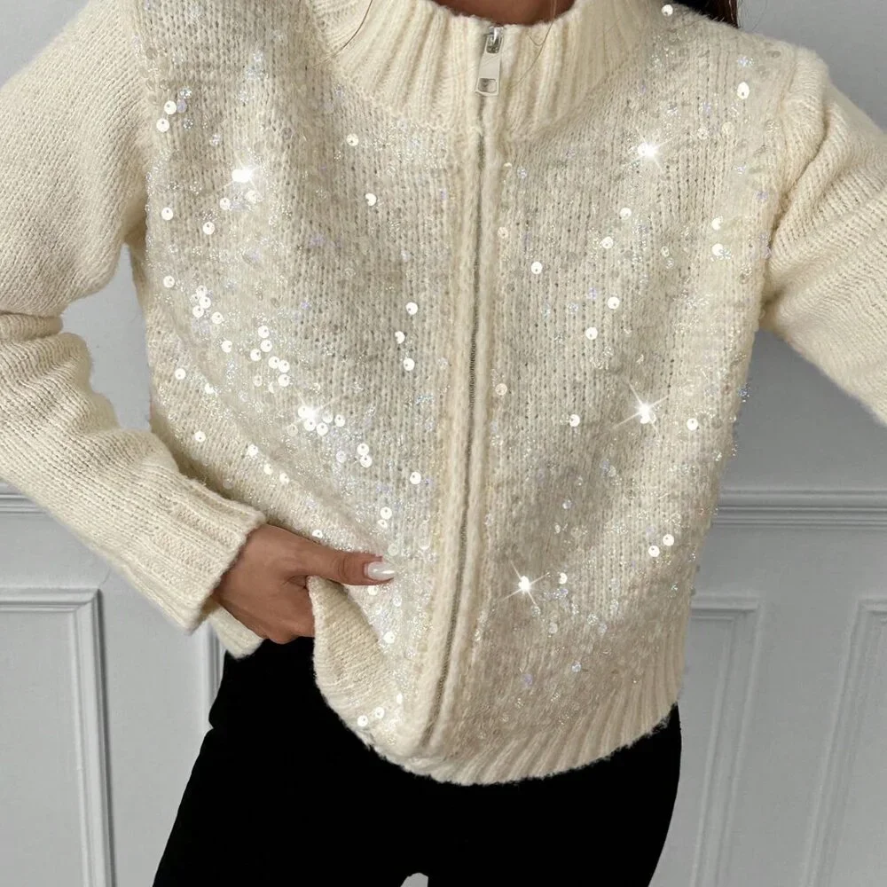 Apricot Casual Women's Fashion Sequin Knit Zip-Up Cardigan - Picture 5 of 6
